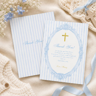 Blaue Streifen Elegante Vintage-Jungentaufe Dankeskarte