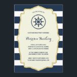 Blaue Streifen | Geburtstagsparty Einladung<br><div class="desc">Diese schicke,  nautische Geburtstagsfeier mit fett-blauen und weißen Streifen,  einem goldenen Rahmen für Imitate,  hübscher Kalligraphie und einem Schiffrad. Ändern Sie den Text in Anzug jedes Geburtstagsjahres.</div>