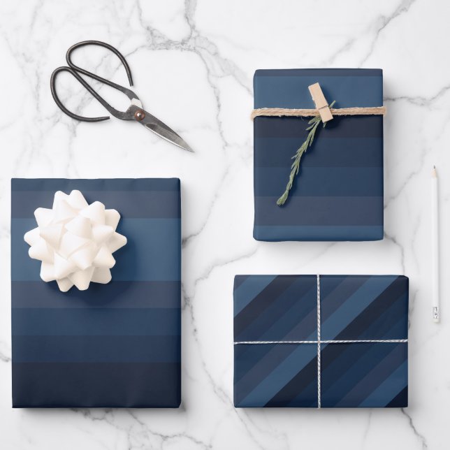 Blaue Streifen Geschenkpapier Set (Vorderseite)