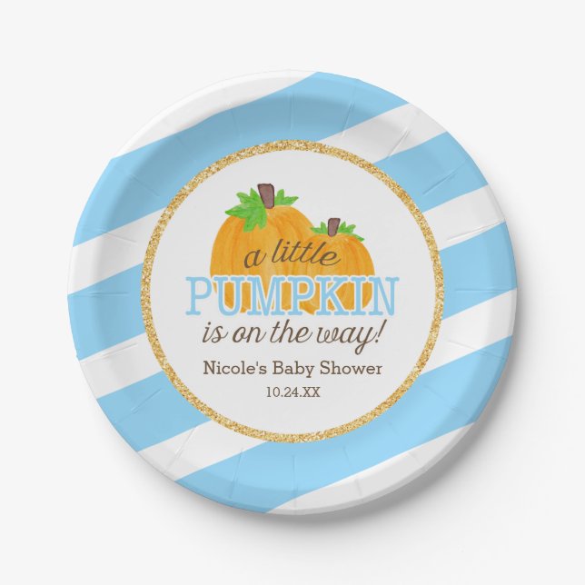 Blaue Streifen-Gold wenig Kürbis-Fall-Babyparty Pappteller (Vorderseite)