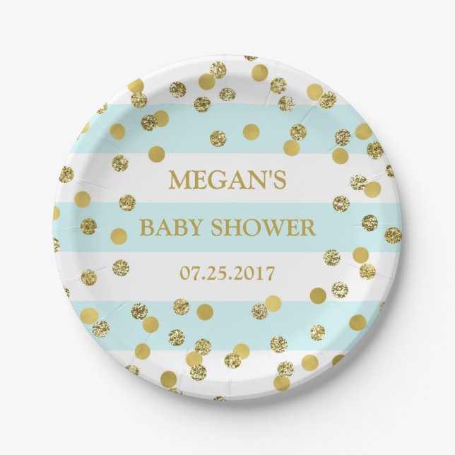 Blaue Streifen-Goldconfetti-Babyparty-Platte Pappteller (Vorderseite)