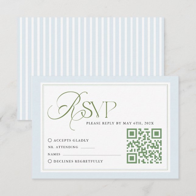 Blaue Streifen Hochzeit RSVP Karte mit QR-Code (Vorne/Hinten)