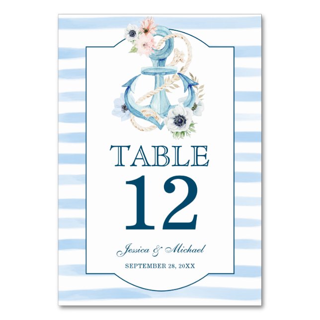 Blaue Streifen, Hochzeit von Nautic Floral Anchor Tischnummer (Rückseite)