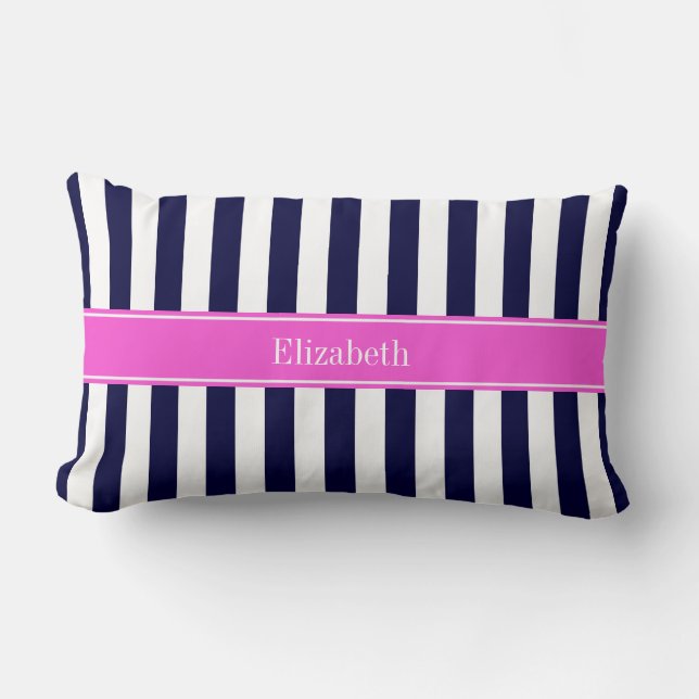 Blaue Streifen, Hot-Pink-Name Monogramm Lendenkissen (Vorderseite)