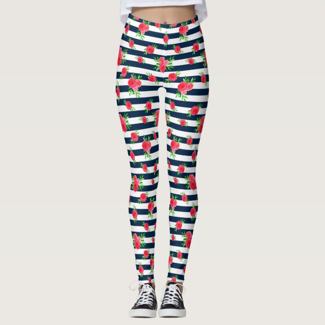 Blaue Streifen Korallenflora Leggings (Vorderseite)