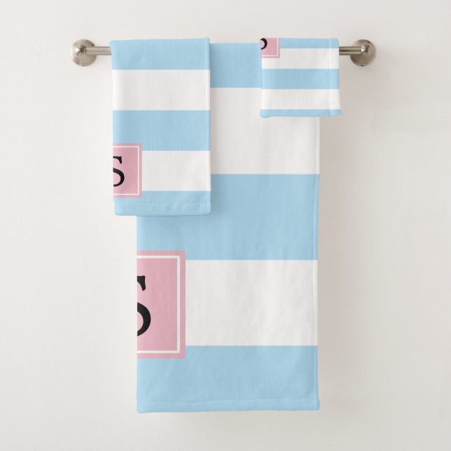 Blaue Streifen, Linien, Streifenmuster, Monogramm Badhandtuch Set (Insitu)