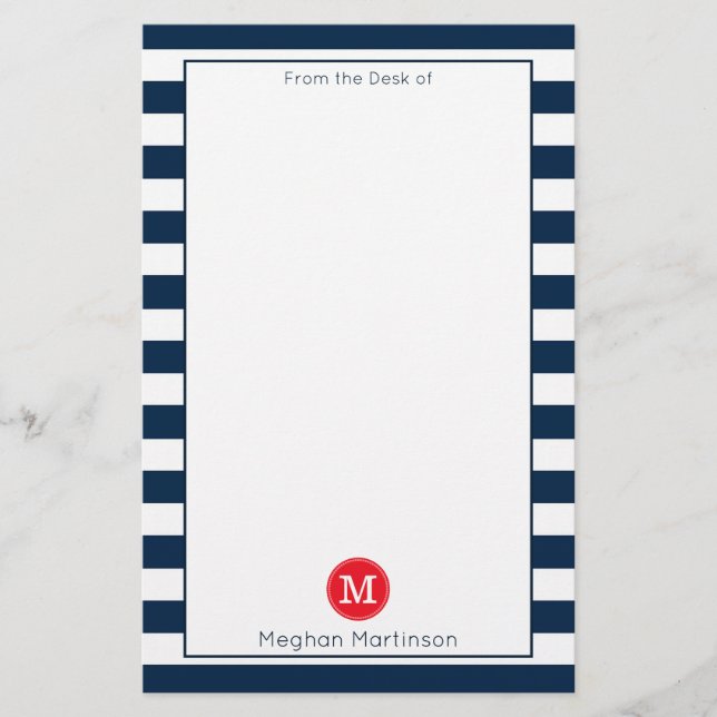 Blaue Streifen Minimal Chic Red Monogram Briefpapier (Vorderseite)