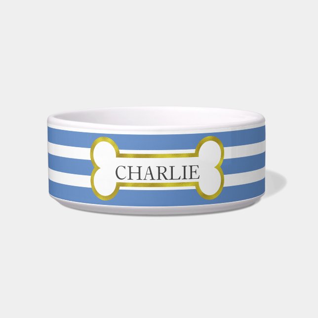 Blaue Streifen mit Goldknochen-personalisierter Napf (Vorderseite)