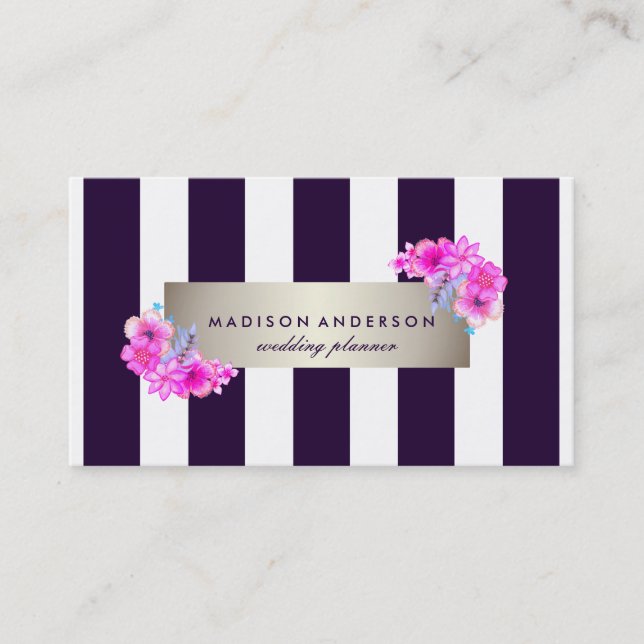 Blaue Streifen mit weißem Chic Silver Vintag Visitenkarte (Vorderseite)