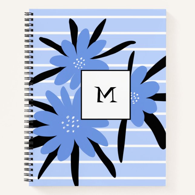 Blaue Streifen Moderne Monogramm-Blume Notizbuch (Vorderseite)