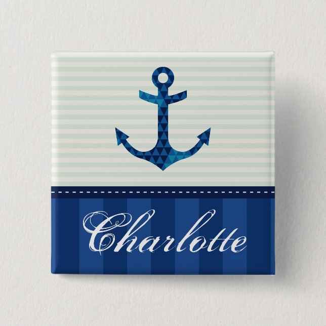 Blaue Streifen-Muster-Anker-nautischindividueller Button (Vorderseite)