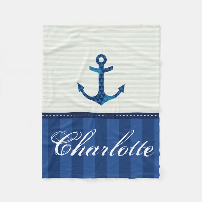 Blaue Streifen-Muster-Anker-nautischindividueller Fleecedecke (Vorderseite)