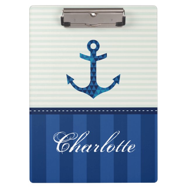 Blaue Streifen-Muster-Anker-nautischindividueller Klemmbrett (Vorderseite)