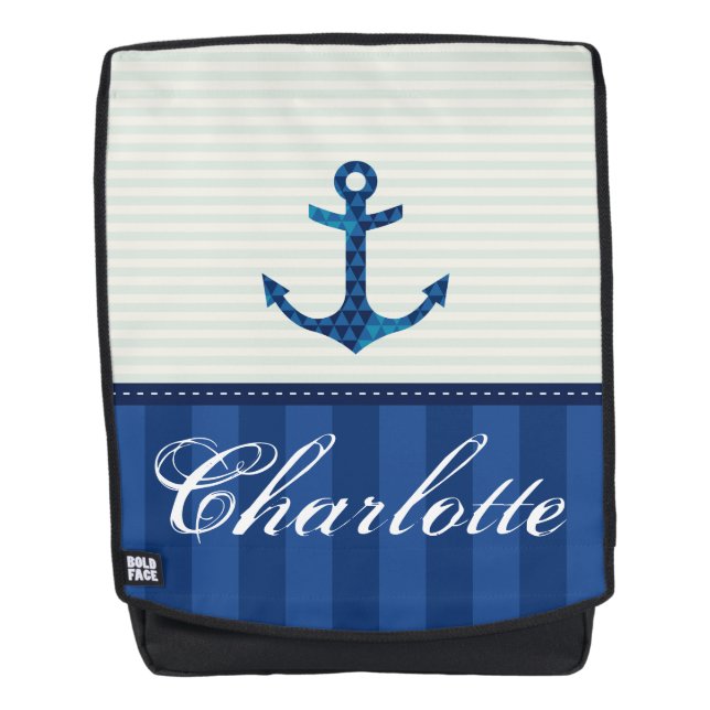 Blaue Streifen-Muster-Anker-nautischindividueller Rucksack (Vorderseite)