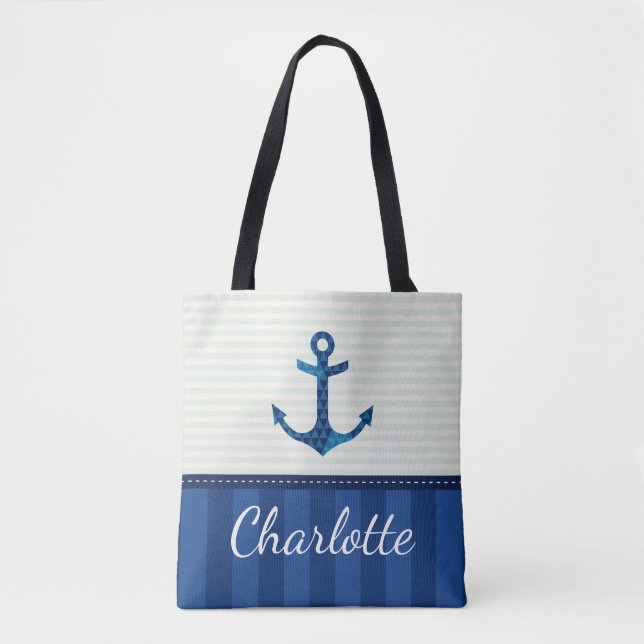 Blaue Streifen-Muster-Anker-nautischindividueller Tasche (Vorderseite)