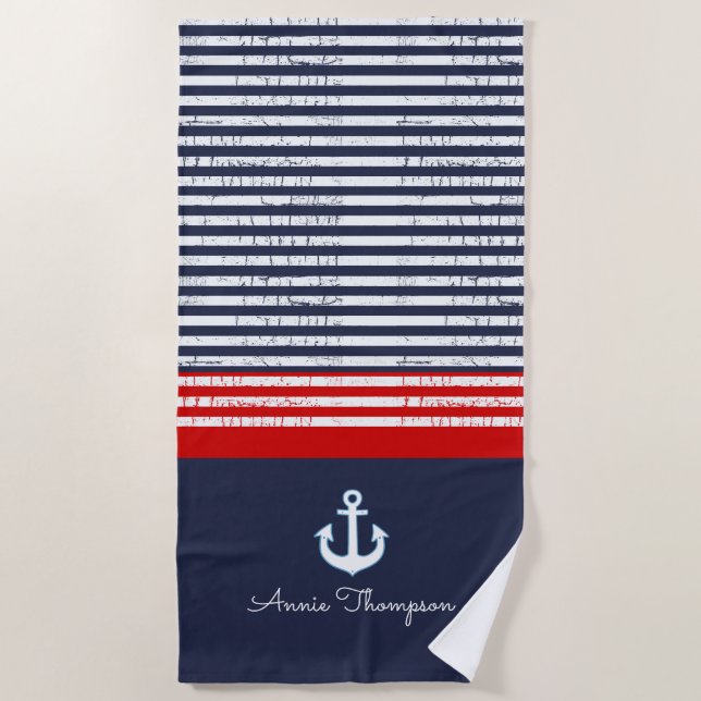 Blaue Streifen + Name und nautischer Anker Strandtuch (Vorderseite)