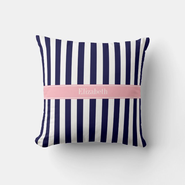 Blaue Streifen, rosa Bezeichnung Monogramm Kissen (Vorderseite)