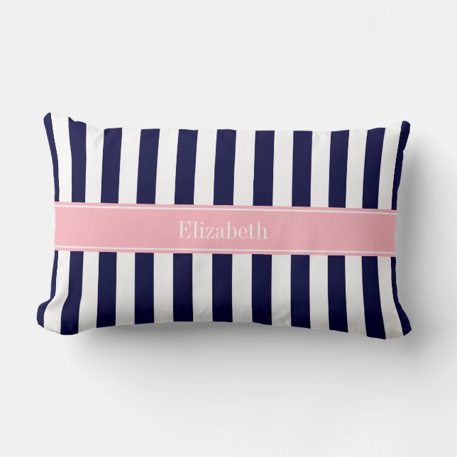 Blaue Streifen, rosa Bezeichnung Monogramm Lendenkissen (Vorderseite)