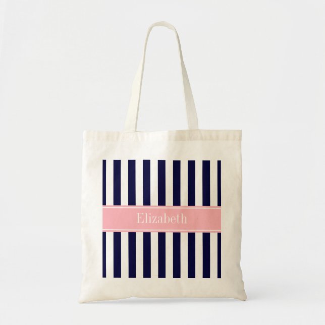 Blaue Streifen, rosa Bezeichnung Monogramm Tragetasche (Vorne)