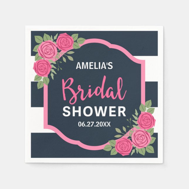 Blaue Streifen Rosenrosen Brautparty Serviette (Vorderseite)