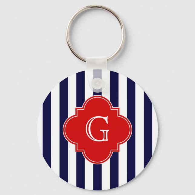Blaue Streifen, rotes Quatrefolienmonogramm Schlüsselanhänger (Vorderseite)