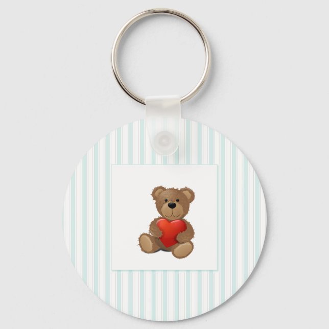 Blaue Streifen - Teddybär mit Valentinherz Schlüsselanhänger (Vorderseite)