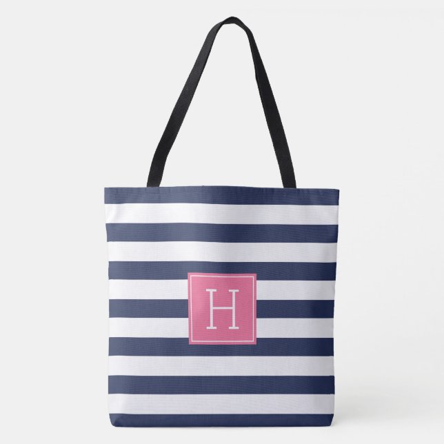 Blaue Streifen und rosa Monogramm Tasche (Vorderseite)