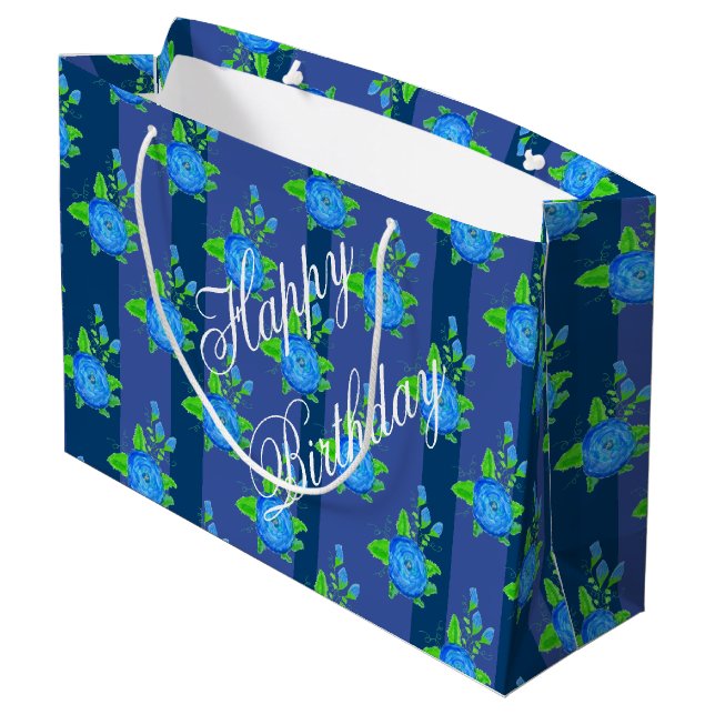 Blaue Streifen und Rose Große Geschenktüte (Rückseite Schrägansicht)
