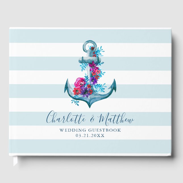 Blaue Streifen Wasserfarbenanker Hochzeit Gästebuch (Vorderseite)