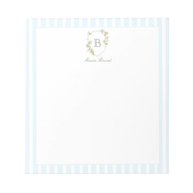 Blaue Streifen-Zitrone Monogramm Notizblock (Vorderseite)