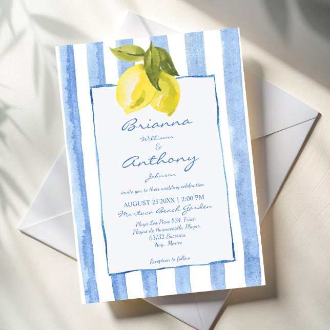 Blaue Streifen Zitronen Italienische Hochzeit Einladung (Handrawn blue stripes lemons Italian style wedding Invitation cards template instant download)
