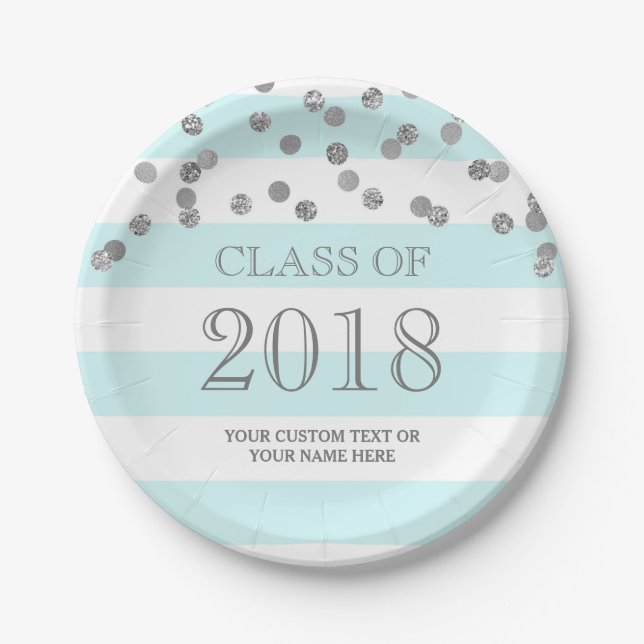 Blaue Streifensilberner Confetti-Abschluss 2018 Pappteller (Vorderseite)