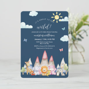 Blaue süße Safari-Tiere wilde Mountain-Baby-Party Einladung