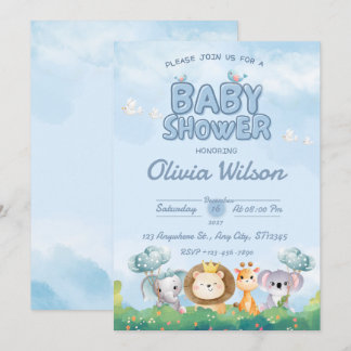 Blaue süße Tiere Baby Shower Einladung