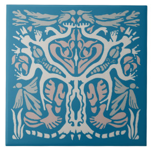 Blaue symmetrische Naturgestaltung mit Baum und Vö Fliese