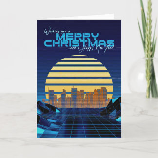 Blaue Synthwave-Weihnachtskarte Feiertagskarte