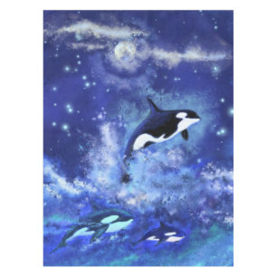 Blaue Tablette mit Killerwalen auf Vollmond Tischdecke