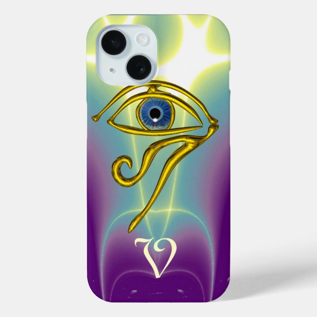 BLAUE TALISMAN MONOGRAMM Aquamarin, Lila iPhone 15 Hülle (Rückseite)