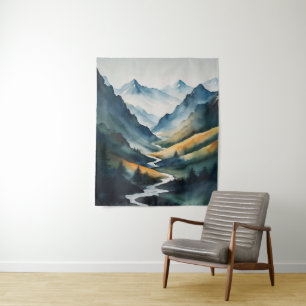 Blaue Tan-Bergszene Wandteppich