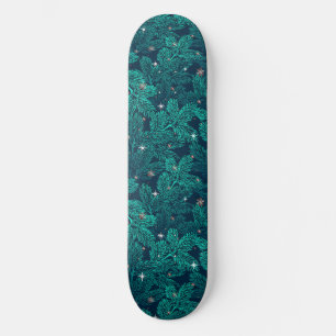 Blaue Tannenzweige mit weißen Schneeflocken Skateboard