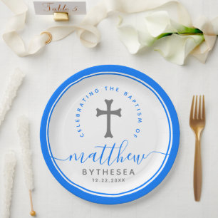 Blaue Taufe Christening Naming Cross Pappteller