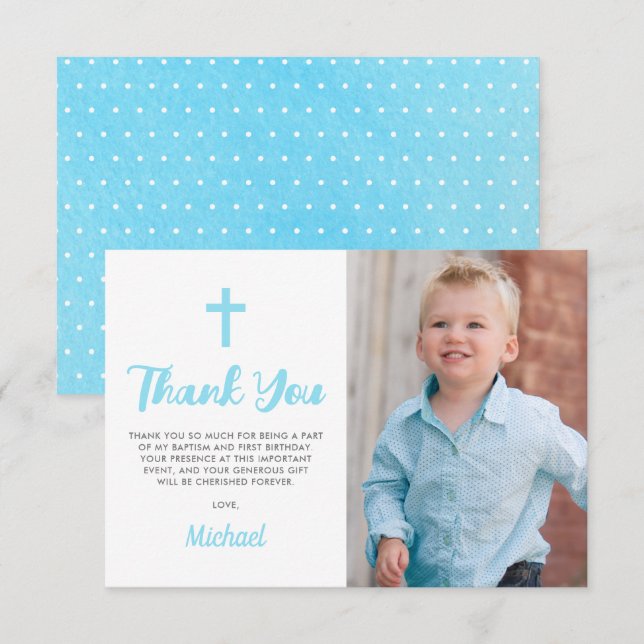 Blaue Taufe Christening Religious Boy Foto Dankeskarte (Vorne/Hinten)