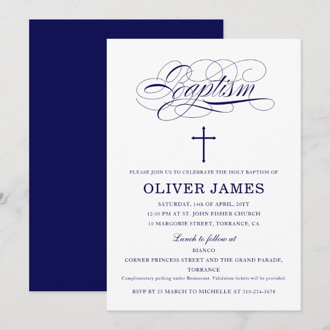 Blaue Taufe der Navy-Elegant-Kalligrafie Einladung (Vorne/Hinten)