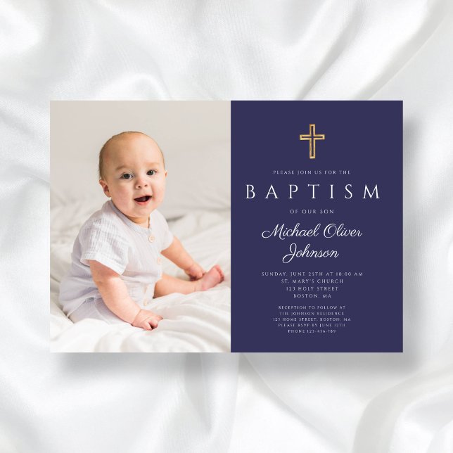 Blaue Taufe für das Foto des Marineblau Einladung (Navy Blue Religious Cross Boy Photo Baptism Invitation)