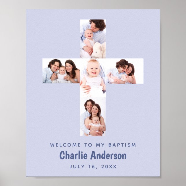 Blaue Taufe Kreuz 5 Foto Collage Boy Christening Poster (Vorne)