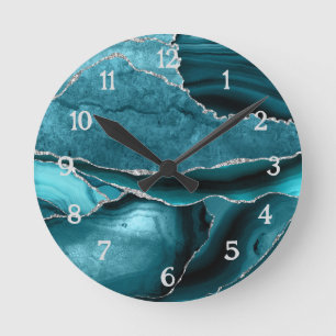 Blaue Teak Silber Achat Glitter Geode Runde Wanduhr