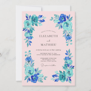 Blaue Teal-Blüten-Romanze-Hochzeit Einladung