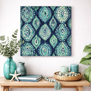 Blaue Teal-Boho-Ikat-Medaillon-Muster Moderne Küst Poster
