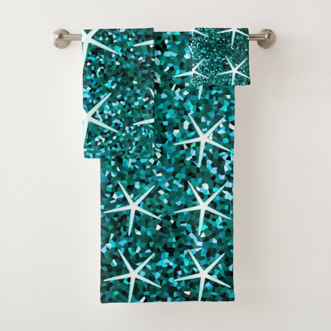 Blaue Teal-Glitter-Ombre-Seestern-Muster Badhandtuch Set (Insitu)