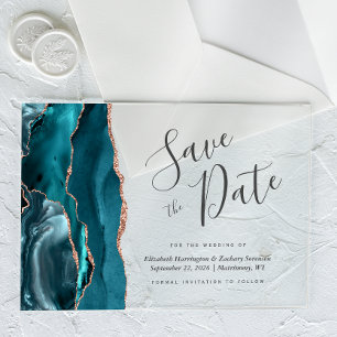 Blaue Teal-Roségold-Achat-Hochzeitseinladungskarte Acryleinladungen